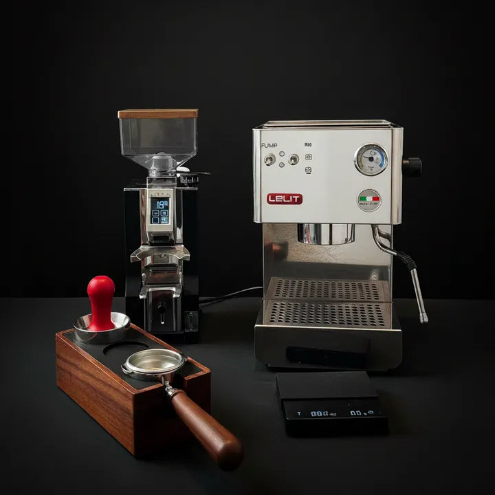Espresso Setup including Grinder, Tamper and other gear.